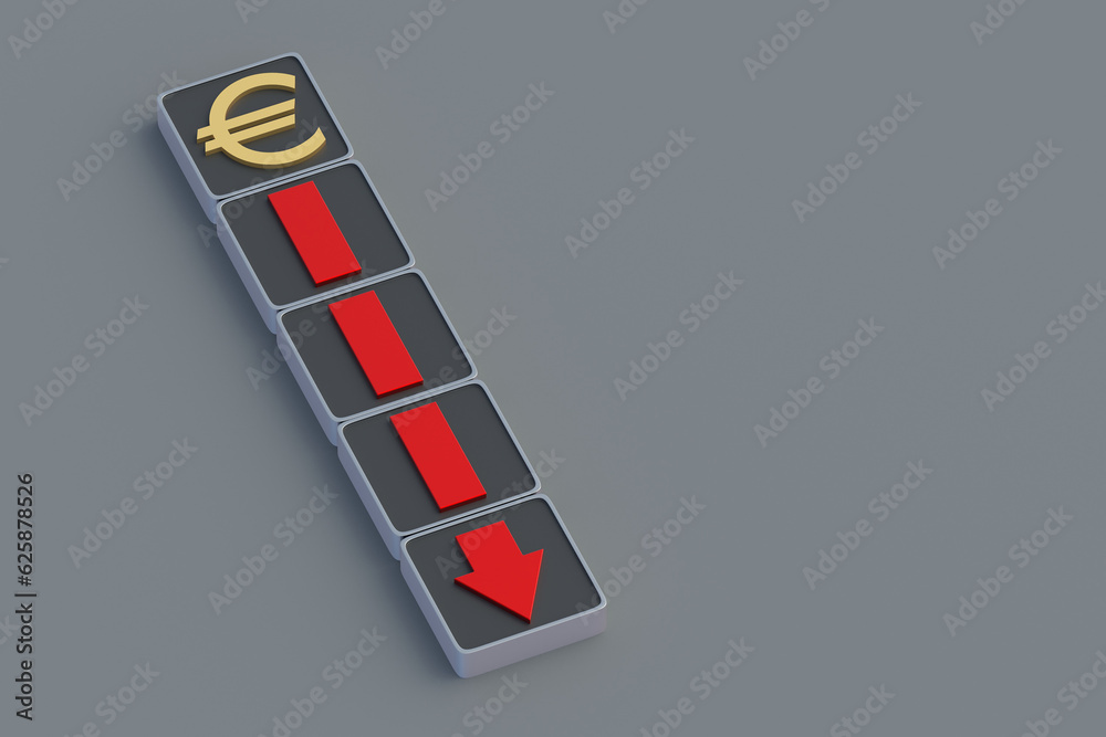 Currency rate. Euro symbol and red arrow on buttons. Money appreciation ...