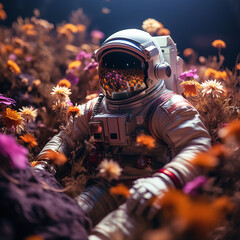 Astronaut Amidst Blooming Flowers: Cosmic Adventure in a Space-Themed Bed with Serene Floral Beauty, Intergalactic Exploration, and Tranquil Solitude