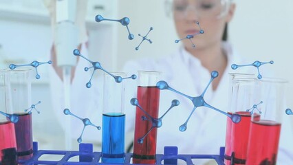 Poster - Animation of molecules over caucasian female scientist with laboratory test tubes