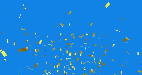 Sticker - Animation of gold confetti falling over connections on blue background