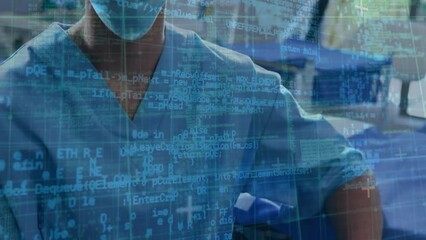 Poster - Animation of data processing over caucasian male surgeon in face mask