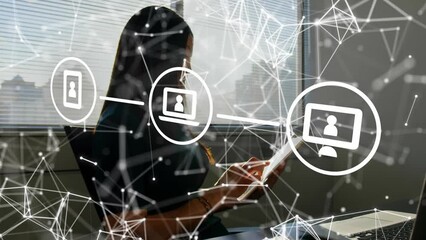 Poster - Animation of connections with icons over biracial businesswoman with tablet in office