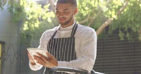 Poster - Animation of financial data processing over biracial male shop assistant with tablet