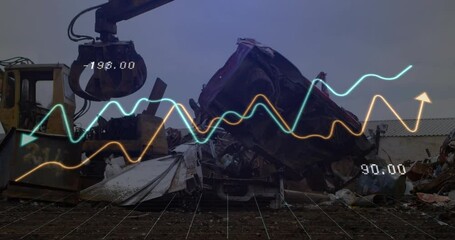 Poster - Animation of financial data processing and statistics over machinery in wasteland
