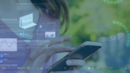 Poster - Animation of financial data processing over caucasian businesswoman using smartphone