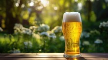 Fresh Cold Beer In A Glass Against Green Garden Background. Oktoberfest Concept. Generative AI