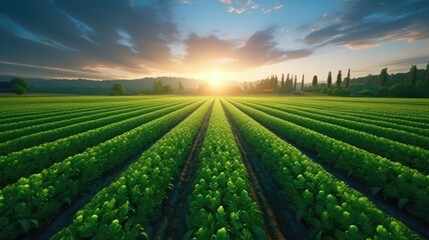 Canvas Print - Green agricultural carrot field at sunset. Generative AI