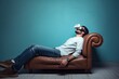 Man in VR headset lying on psych couch. Photo generative AI