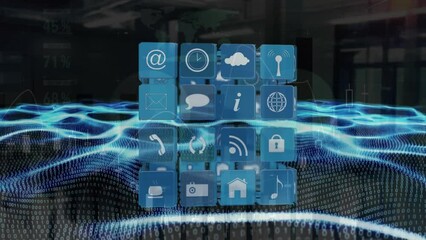 Poster - Animation of icon in squares forming cubes over binary codes waves, graphs against server room