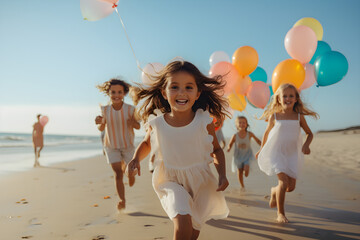 Group of girls and boys from behind running of balloons at beach
