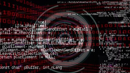 Poster - Animation of computer language over circles against binary codes on black background