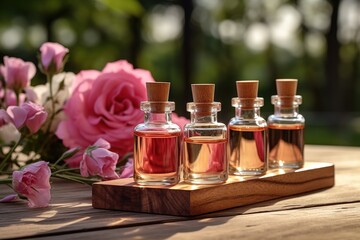 Poster - Bottles of essential rose oil and flowers on wood.