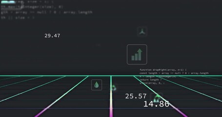 Poster - Animation of icon in squares over changing numbers and computer language on black background