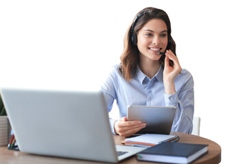 Freelance business women using tablet working call video conference with customer on a transparent background
