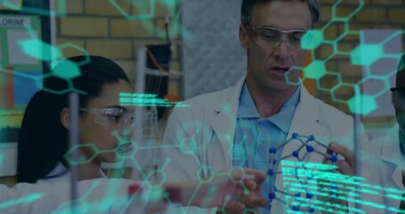 Poster - A school teacher helping students build a molecule model in a laboratory