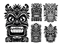 Hawaiian Ethnic Tiki God Head Set. Tribal Totem Mask Black Silhouette Vector Illustration.