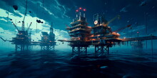 An Offshore Oil Rig In The Middle Of The Sea, With Drilling Platforms, Pipelines, And Support Vessels Involved In The Extraction Of Fossil Fuels. Generative AI