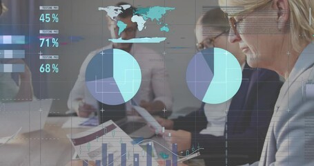 Poster - Animation of statistics and data processing over business people using phone headsets