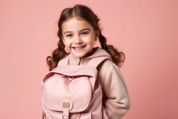 Wall Mural - Portrait of a smiling little girl with a pink backpack on a pink background