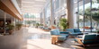 © Лилия Захарчук - Detailed interior shots of a modern hospital lobby, showcasing the sleek design, comfortable seating areas, and welcoming atmosphere. Generative AI