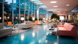 © Лилия Захарчук - Detailed interior shots of a modern hospital lobby, showcasing the sleek design, comfortable seating areas, and welcoming atmosphere. Generative AI