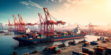 Busy Seaport With Cargo Ships Being Loaded And Unloaded, Cranes Lifting Containers, And Logistics Operations Supporting Global Trade. Generative AI