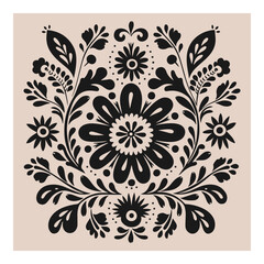 Wall Mural - Black and beige boho symmetrical ornament with flowers. Scandinavian folk art. Ethnic botanical vector illustration. Floral silhouette composition.