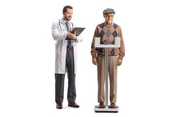 Wall Mural - Doctor checking weight of an elderly man