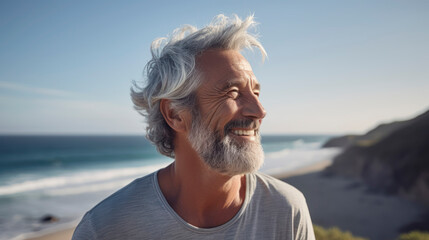 Smiling Senior man has fun on the beach in summer.