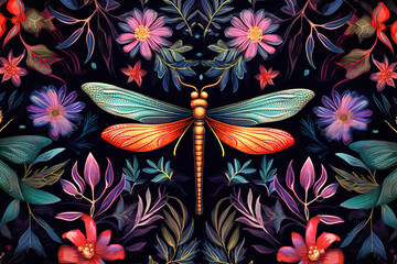 Fototapete - Image of pattern design using dragonfly and flowers and leaves. Insect. Illustration, Generative AI.