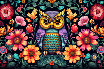 Fototapete - Image of pattern design using an owl and flowers and leaves. Wildlife Animals. Bird. Illustration, Generative AI.