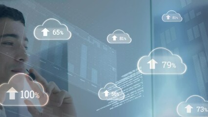 Poster - Animation of icons with icons clouds and sky over businesspeople
