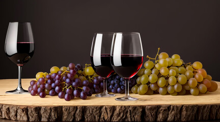 an elegant glass of red wine with fresh grapes.