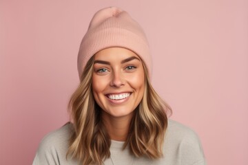 Wall Mural - Portrait of beautiful young woman in pink hat and sweater on pink background