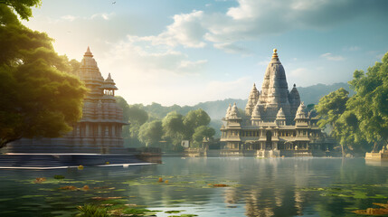 Indian temple on wide river trace 