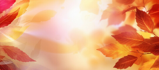 Wall Mural - Beautiful autumn abstract background with yellow leaves and sunshine, bokeh and glow. Falling leaves natural background. Generative AI technology