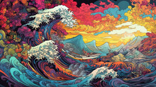 Colorful Japanese Wave Ukiyo-e Painting,A Psychedelic Fractal Landscape,abstract Watercolor Background With Painting