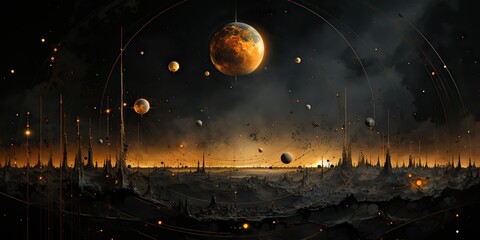 Wall Mural - AI Generated. AI Generative. Galaxy space universe solar system background abstract planets landscape surface. Future explore adventure vibes view.