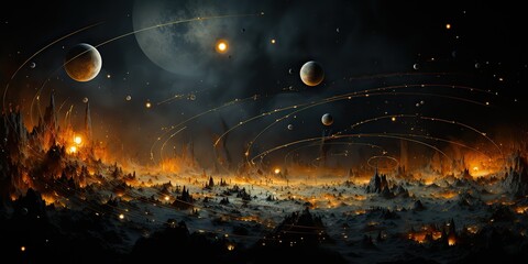 Wall Mural - AI Generated. AI Generative. Galaxy space universe solar system background abstract planets landscape surface. Future explore adventure vibes view.