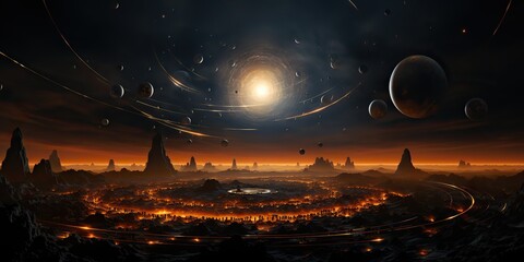 Wall Mural - AI Generated. AI Generative. Galaxy space universe solar system background abstract planets landscape surface. Future explore adventure vibes view.
