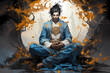 A young and handsome man sitting in a lotus pose and meditating, Generative AI