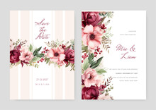 Watercolor Wedding Invitation Template With Romantic Orange Floral And Leaves Decoration