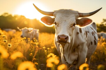 Wall Mural - Longhorn Cow on a Meadow at Sunset Generative AI