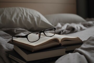 Poster - Hardcover books bed reading. Generate Ai