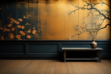 Wall Mural - 3d render of vase with flowers on wooden floor in modern room