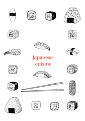 Japanese Restaurant Menu. Hand-drawn illustration of dishes and products. Ink. Vector