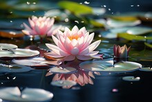 Beautiful Pink Waterlily Or Lotus Flower In The Pond