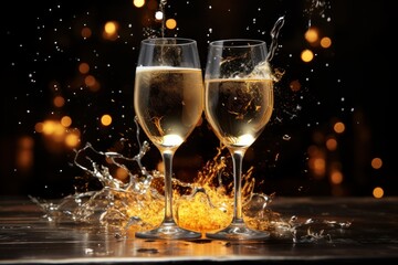 Wall Mural - glasses of champagne with splash and bokeh lights on background