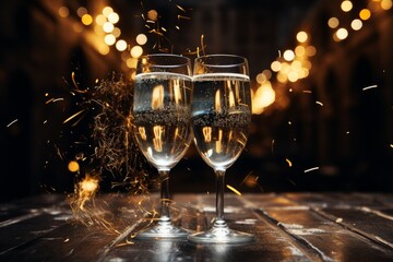 Wall Mural - two glasses of champagne with sparkles on wooden table in night city