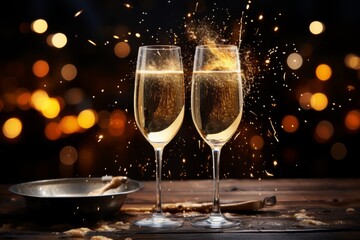 Wall Mural - Two glasses of champagne with splash and bokeh lights on background